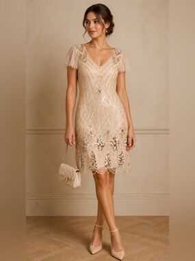 Vintage Champagne Beaded Sequin Dress Flapper Art Deco Ethereal Gatsby Sz M-L